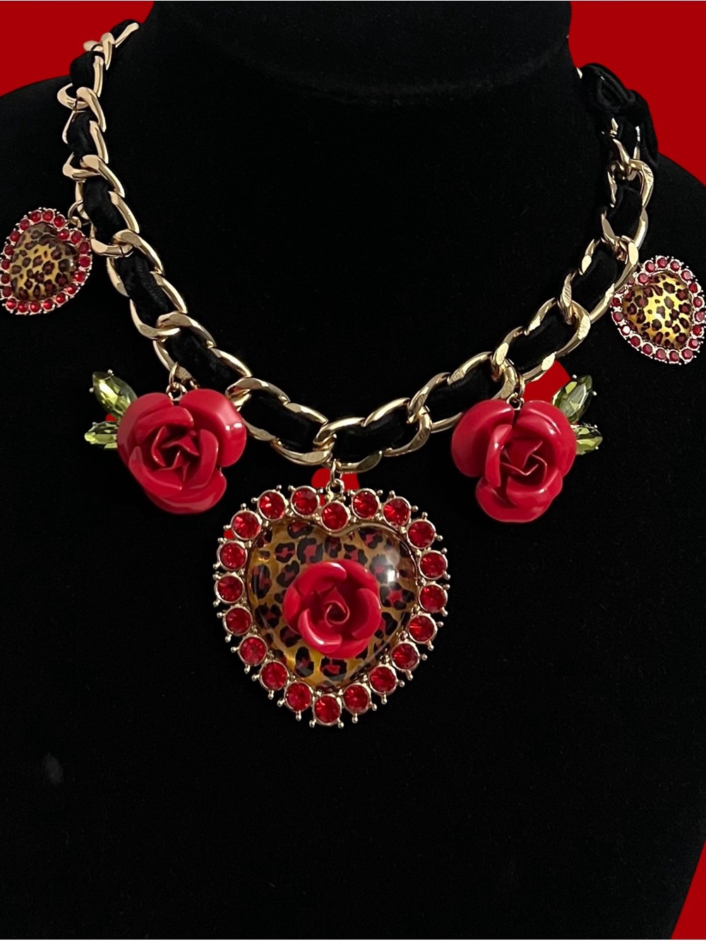 Betsey Johnson Gold-Tone Chain Necklace with Red Roses and Leopard Heart